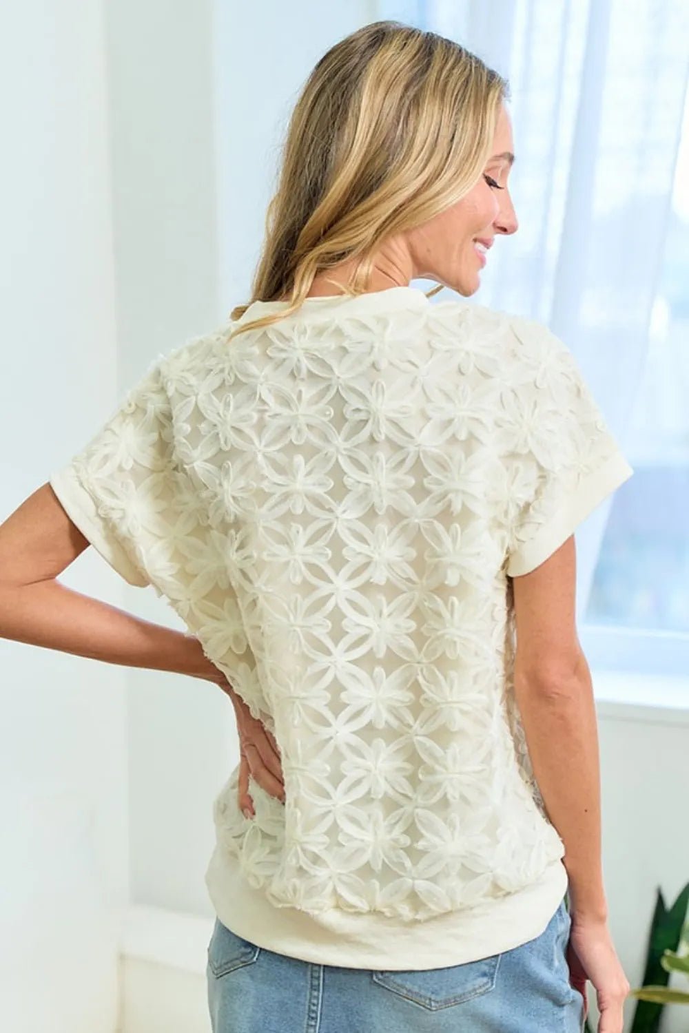 Women First Love 3D Mesh Flower Round Neck Short Sleeve Top casual outfit boutique fashion - BespokeX Wear