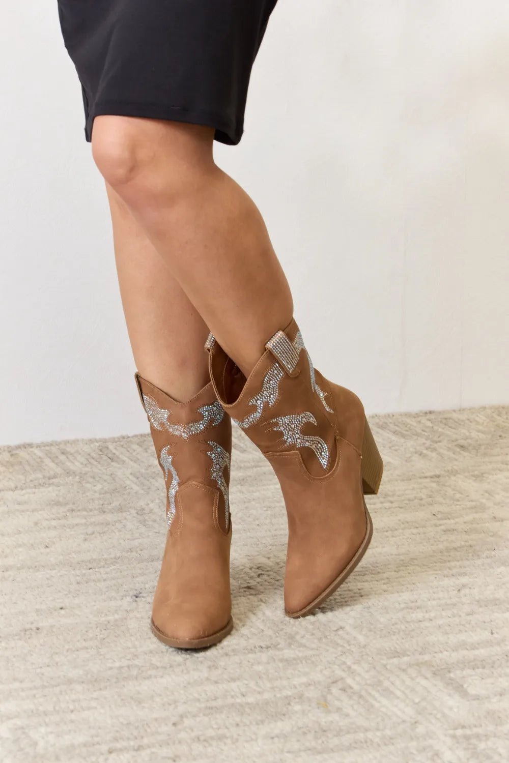 Close-up of rhinestone embellishments on women's western cowboy boots