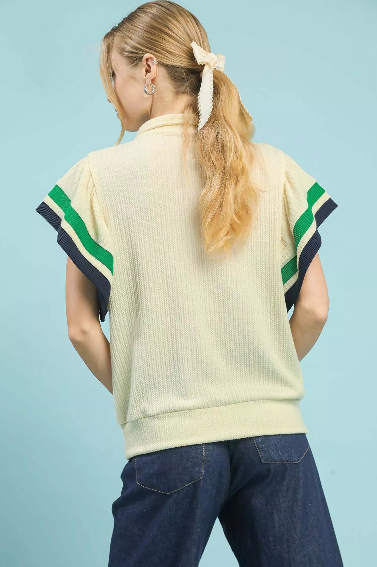 Women Half Zip Knit Top Umgee Half - Zip Textured Knit Top with Contrast Flutter Sleeves casual outfit boutique fashion - BespokeX Wear