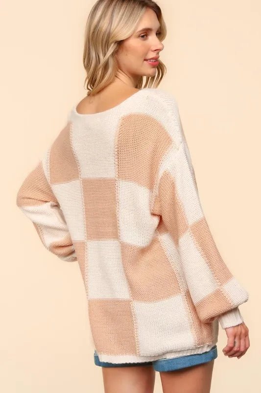 Women Haptics Full Size Checkered Round Neck Drop Shoulder Sweater casual outfit boutique fashion - BespokeX Wear