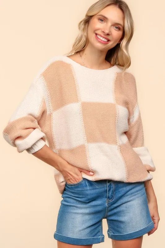 Women Haptics Full Size Checkered Round Neck Drop Shoulder Sweater casual outfit boutique fashion - BespokeX Wear
