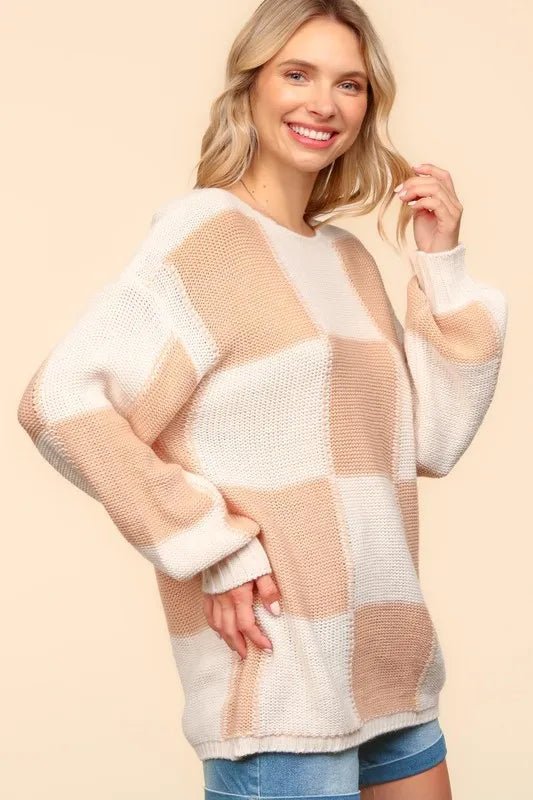 Women Haptics Full Size Checkered Round Neck Drop Shoulder Sweater casual outfit boutique fashion - BespokeX Wear