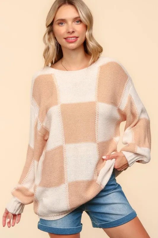 Women Haptics Full Size Checkered Round Neck Drop Shoulder Sweater casual outfit boutique fashion - BespokeX Wear