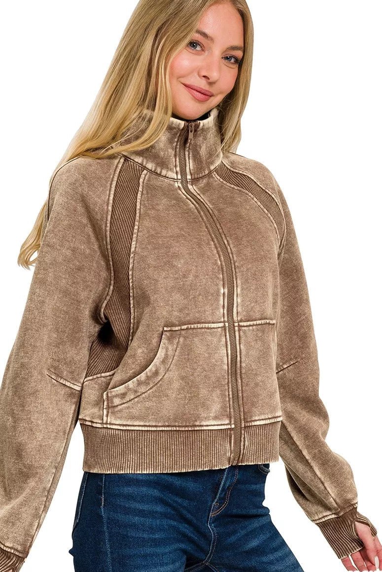 Women Jacket Vintage Acid Wash Zip - Up Fleece Jacket casual outfit boutique fashion - BespokeX Wear