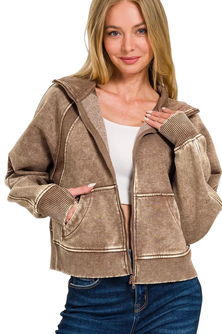 Women Jacket Vintage Acid Wash Zip - Up Fleece Jacket casual outfit boutique fashion - BespokeX Wear