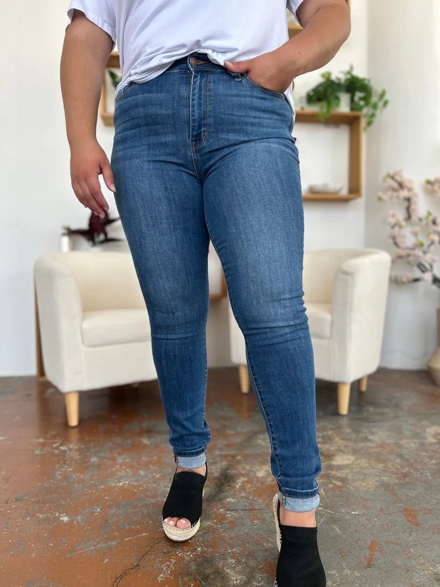 Women Jeans Classic Cuffed Hem Skinny Jeans | Judy Blue Denim casual outfit boutique fashion - BespokeX Wear