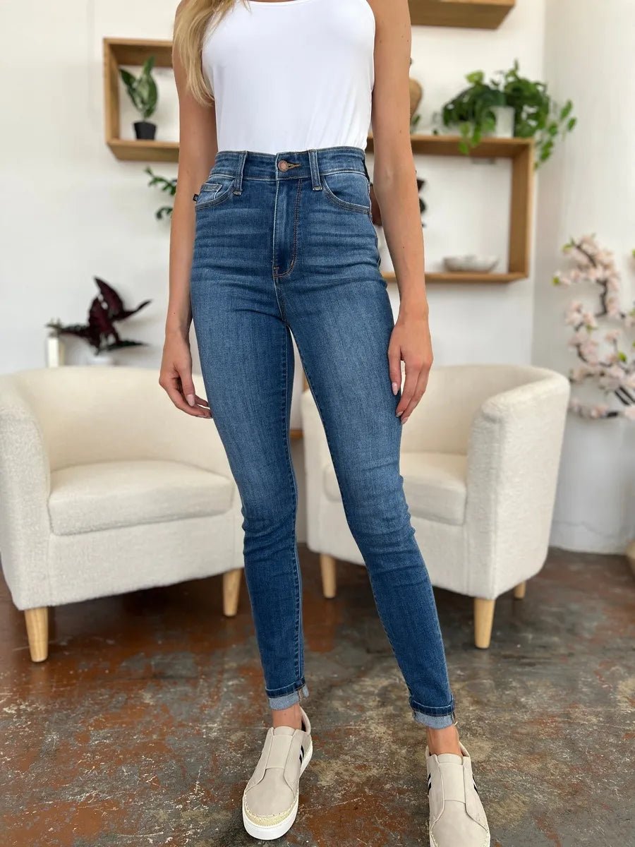 Women Jeans Classic Cuffed Hem Skinny Jeans | Judy Blue Denim casual outfit boutique fashion - BespokeX Wear