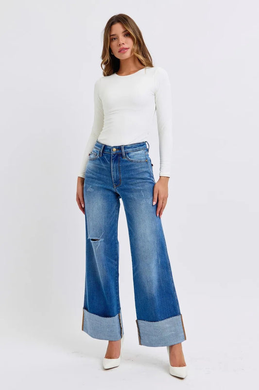 Women Jeans Judy Blue High - Waist Distressed Wide - Leg Denim casual outfit boutique fashion - BespokeX Wear