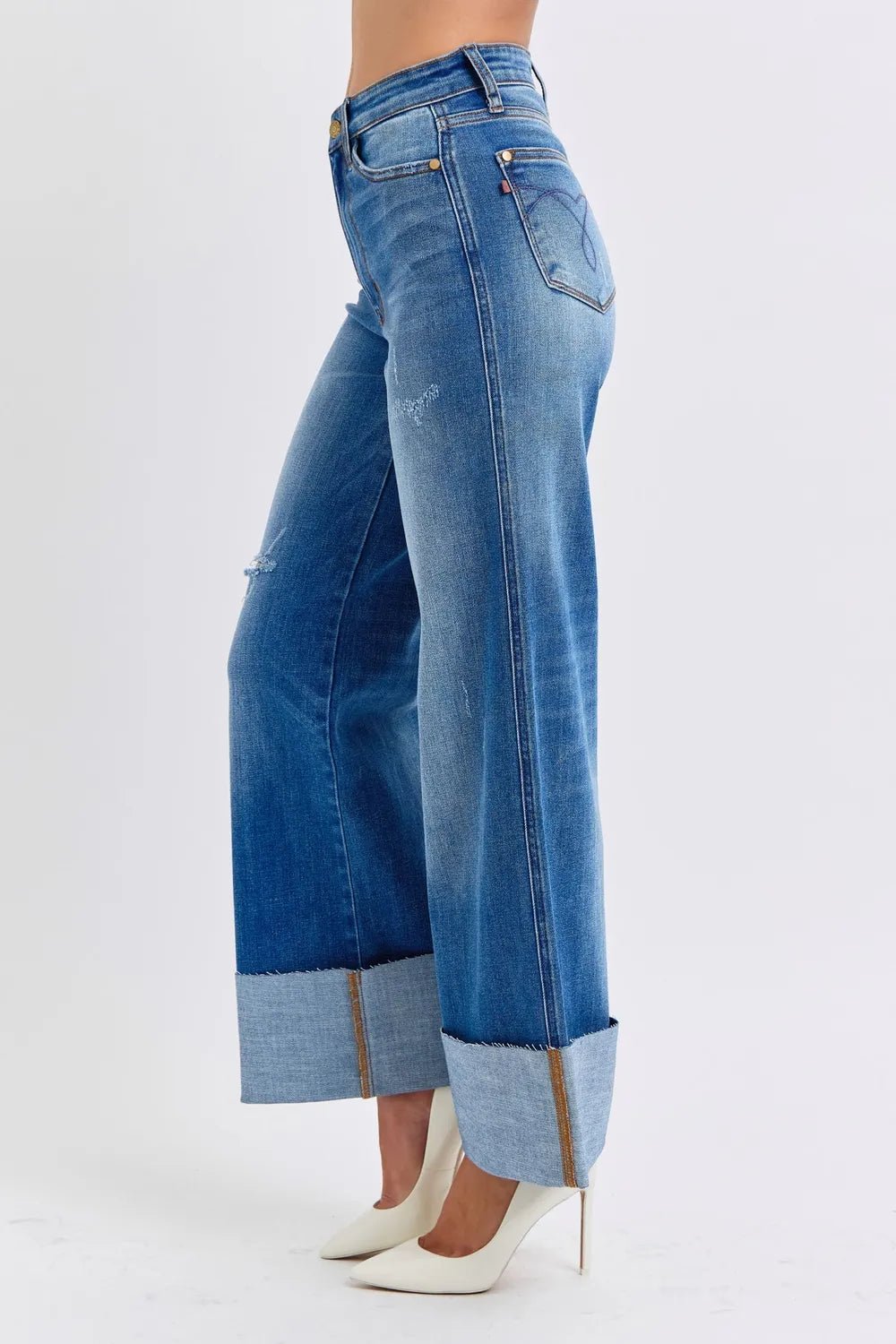 Women Jeans Judy Blue High - Waist Distressed Wide - Leg Denim casual outfit boutique fashion - BespokeX Wear