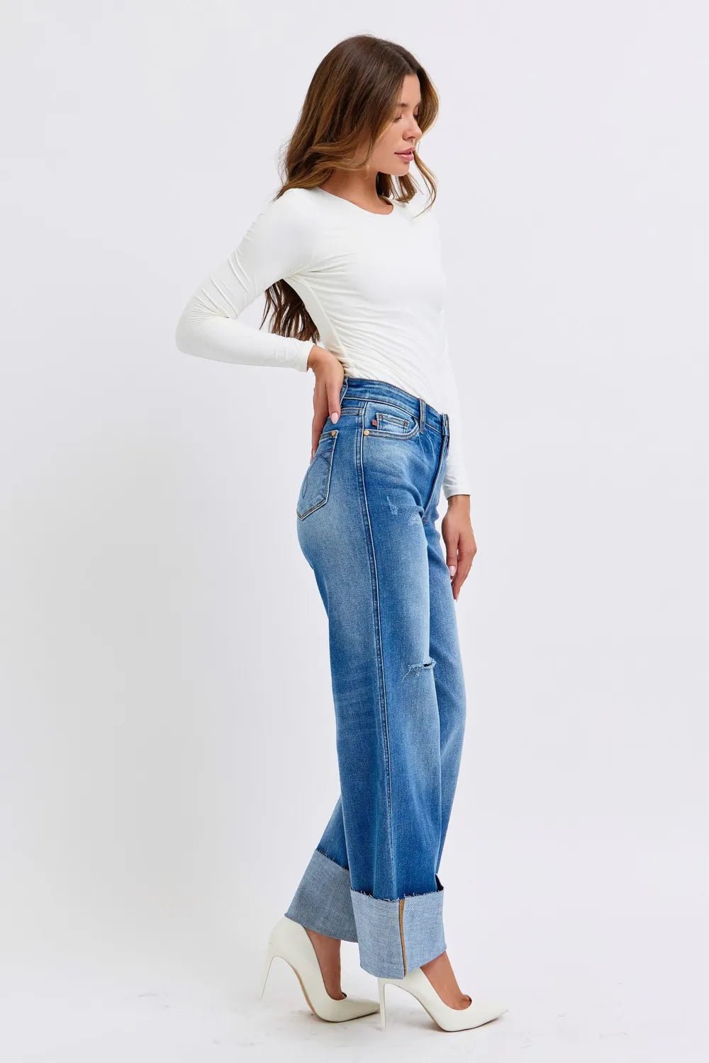 Women Jeans Judy Blue High - Waist Distressed Wide - Leg Denim casual outfit boutique fashion - BespokeX Wear