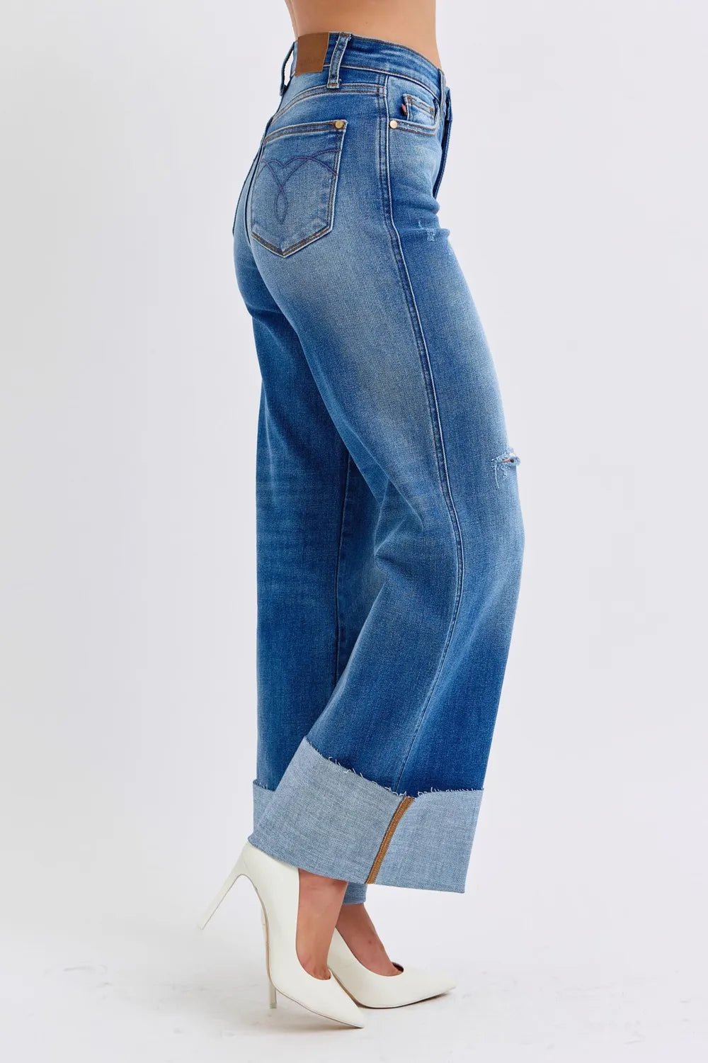 Women Jeans Judy Blue High - Waist Distressed Wide - Leg Denim casual outfit boutique fashion - BespokeX Wear