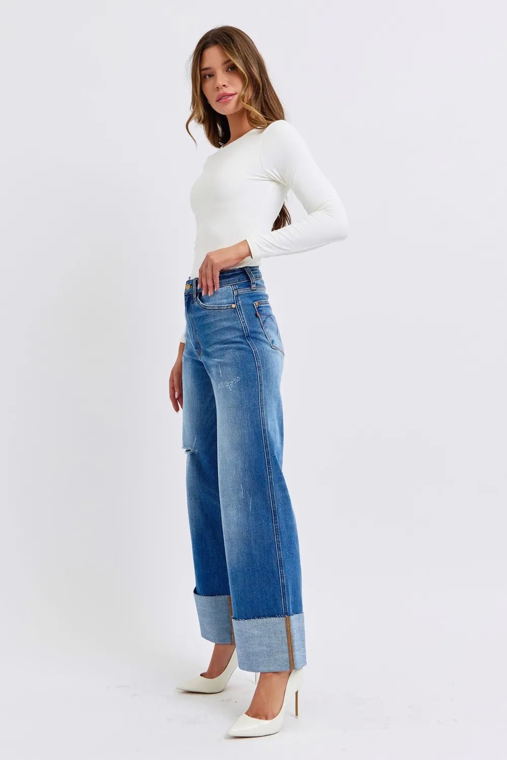 Women Jeans Judy Blue High - Waist Distressed Wide - Leg Denim casual outfit boutique fashion - BespokeX Wear