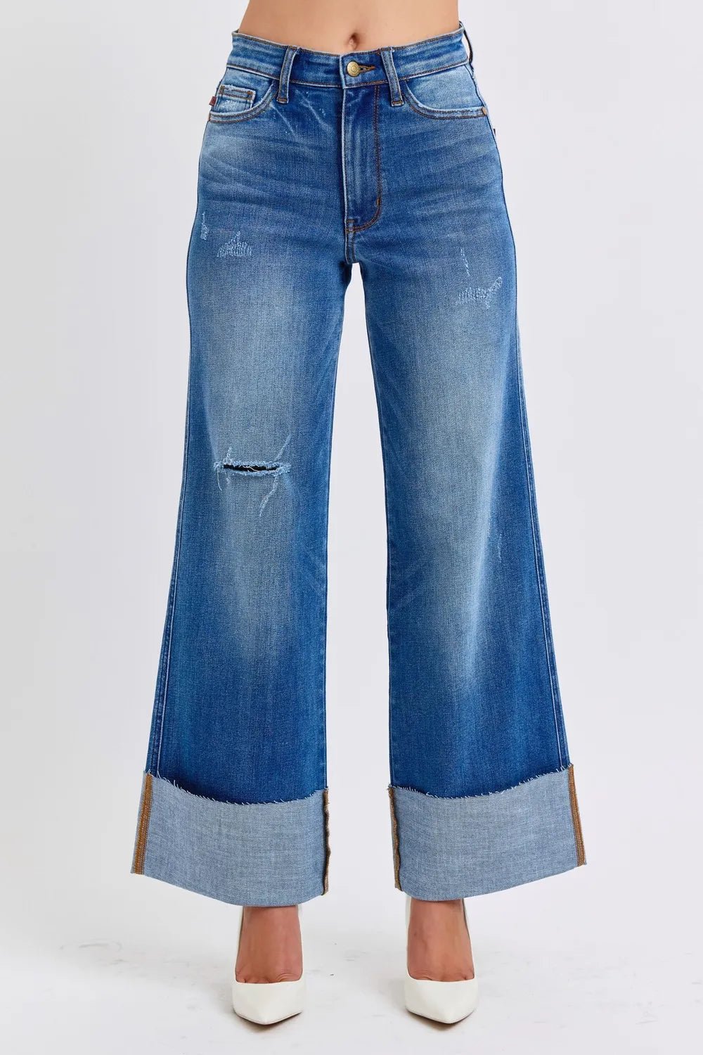 Women Jeans Judy Blue High - Waist Distressed Wide - Leg Denim casual outfit boutique fashion - BespokeX Wear