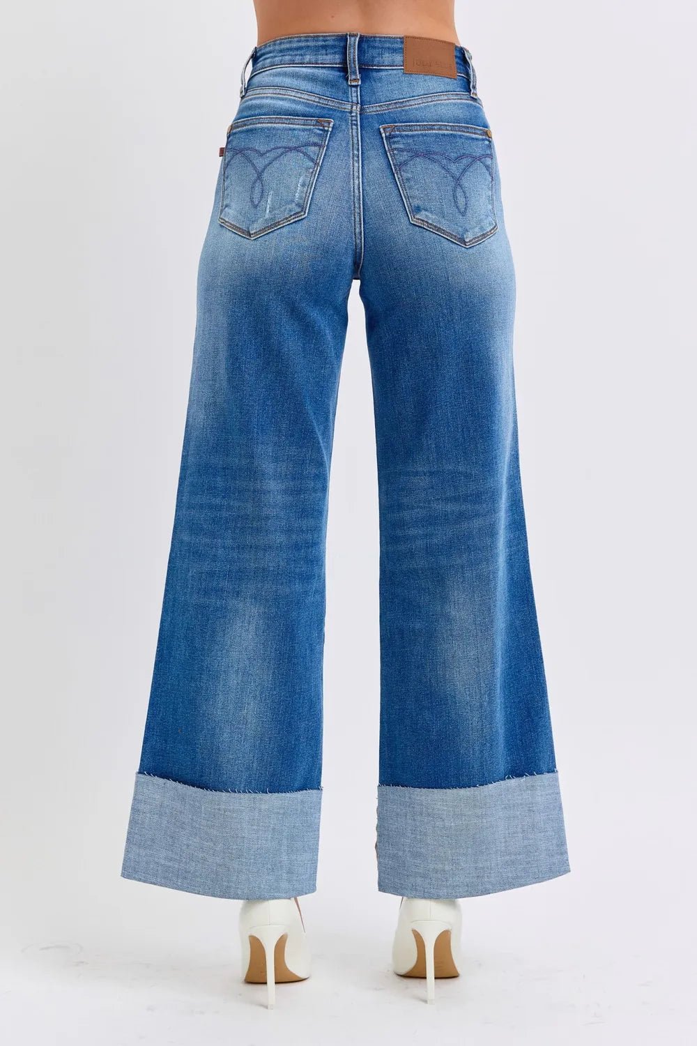 Women Jeans Judy Blue High - Waist Distressed Wide - Leg Denim casual outfit boutique fashion - BespokeX Wear