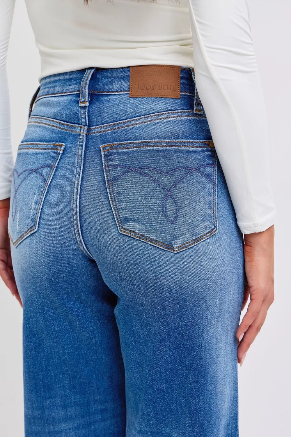 Women Jeans Judy Blue High - Waist Distressed Wide - Leg Denim casual outfit boutique fashion - BespokeX Wear