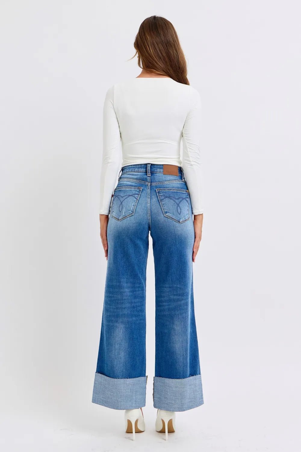 Women Jeans Judy Blue High - Waist Distressed Wide - Leg Denim casual outfit boutique fashion - BespokeX Wear