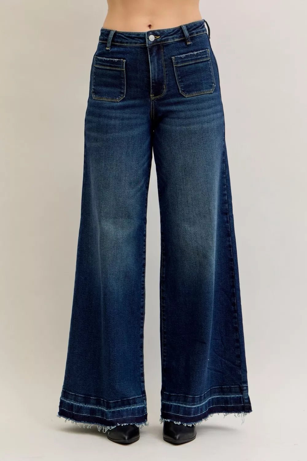 Women Jeans Judy Blue High - Waist Palazzo Jeans with Patch Pockets casual outfit boutique fashion - BespokeX Wear