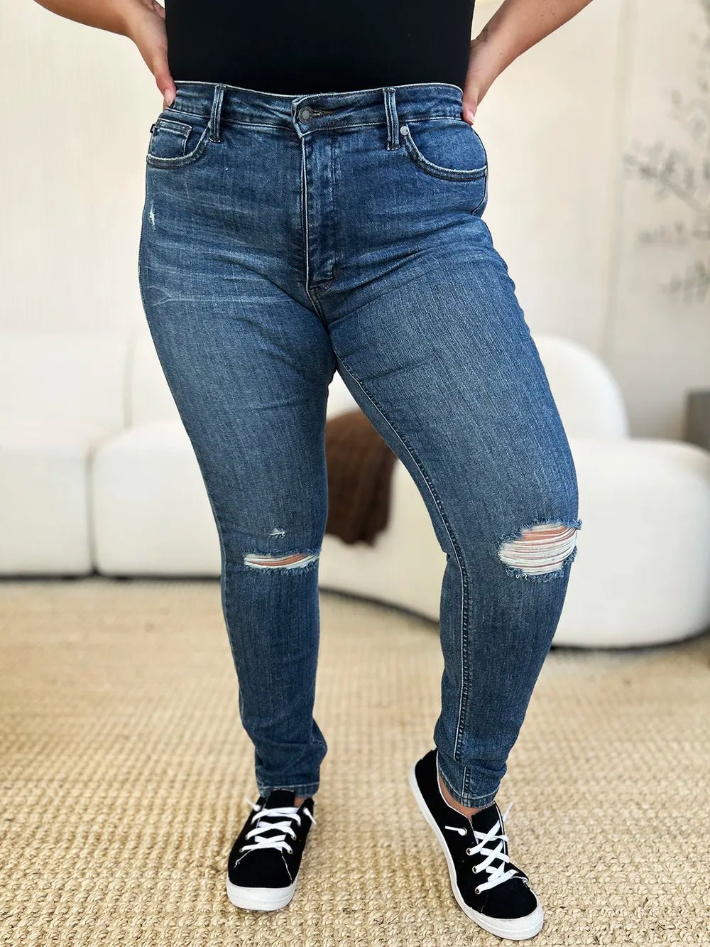 Women Jeans Mid - Rise Distressed Slim Jeans – Dark Wash | Judy Blue casual outfit boutique fashion - BespokeX Wear