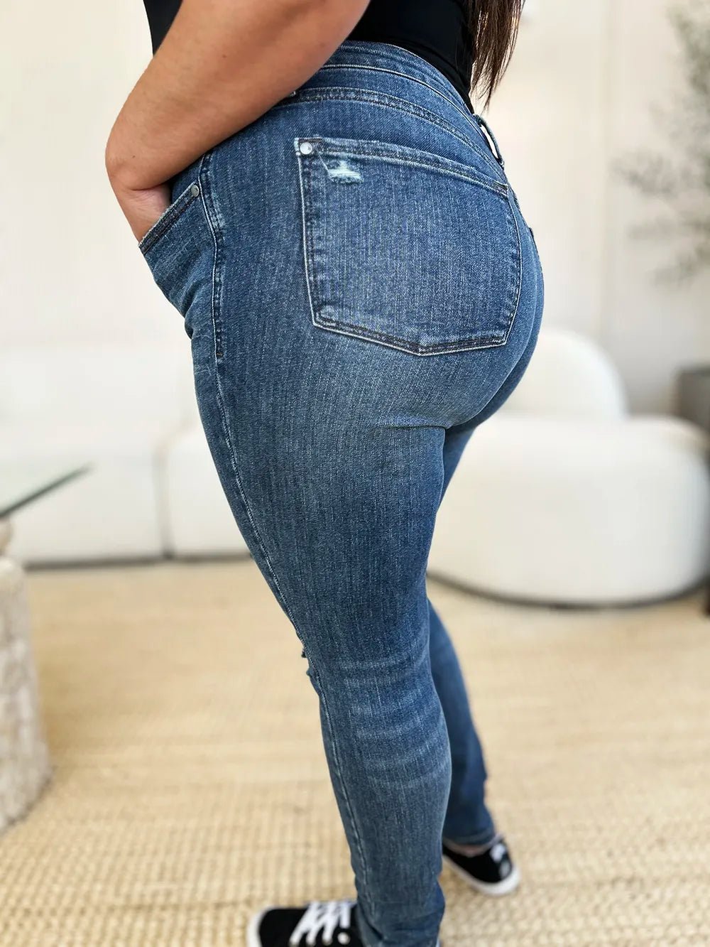 Women Jeans Mid - Rise Distressed Slim Jeans – Dark Wash | Judy Blue casual outfit boutique fashion - BespokeX Wear
