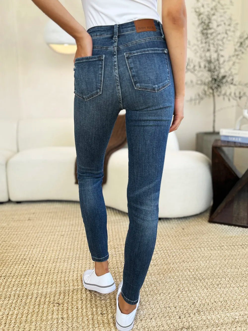 Women Jeans Mid - Rise Distressed Slim Jeans – Dark Wash | Judy Blue casual outfit boutique fashion - BespokeX Wear