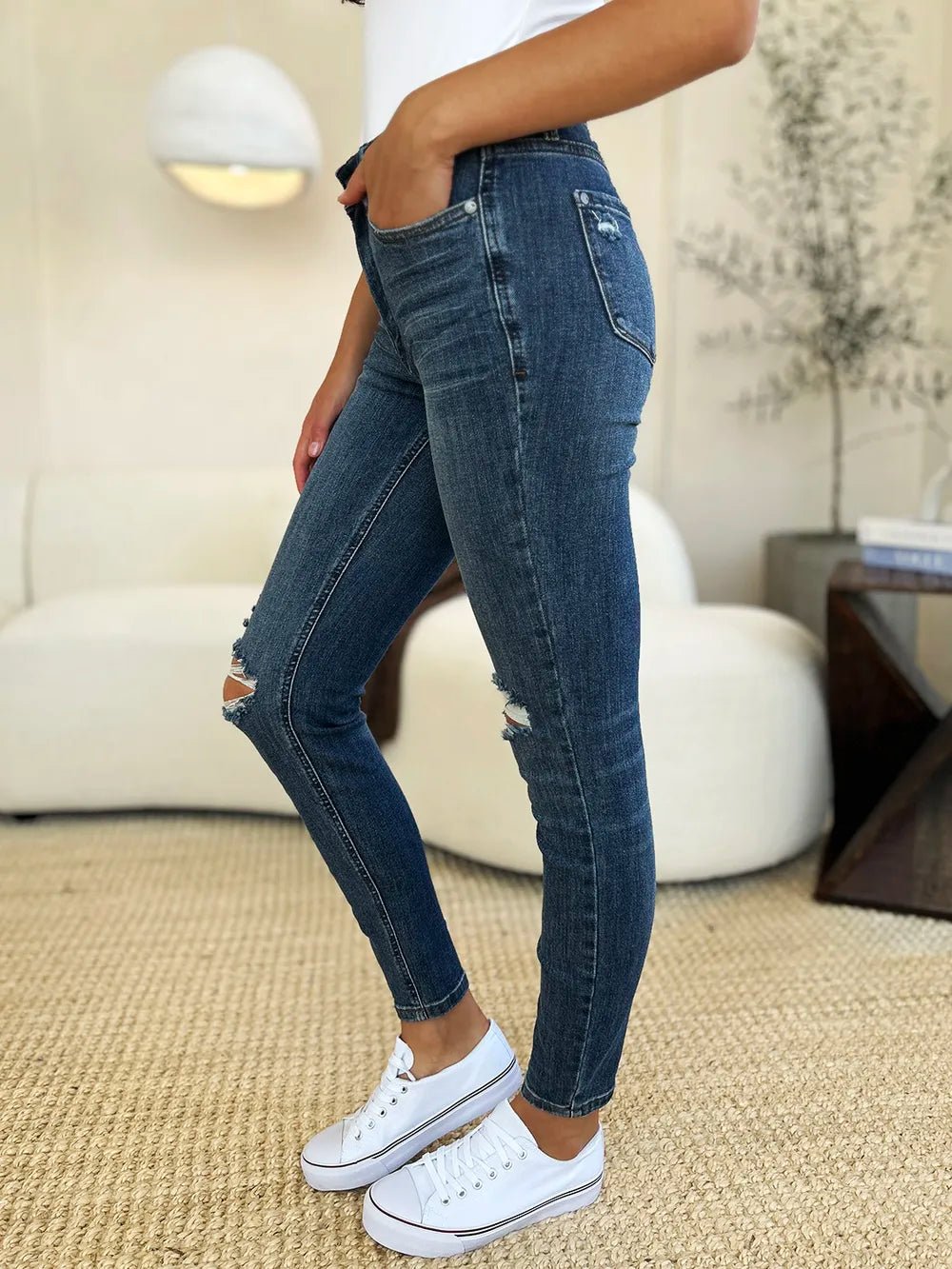 Women Jeans Mid - Rise Distressed Slim Jeans – Dark Wash | Judy Blue casual outfit boutique fashion - BespokeX Wear