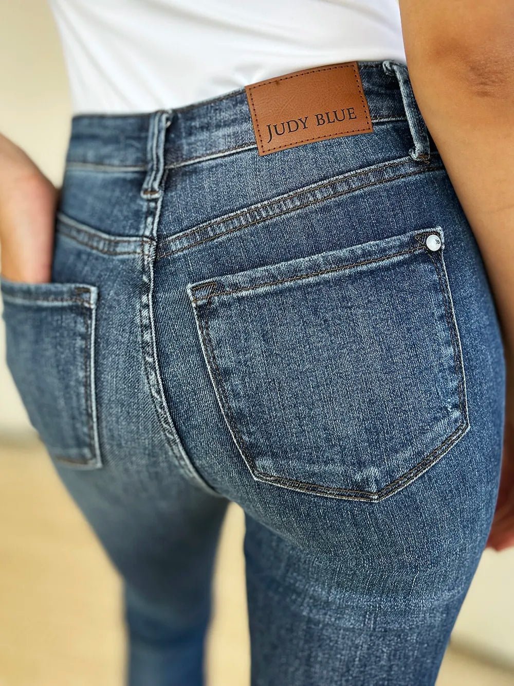 Women Jeans Mid - Rise Distressed Slim Jeans – Dark Wash | Judy Blue casual outfit boutique fashion - BespokeX Wear