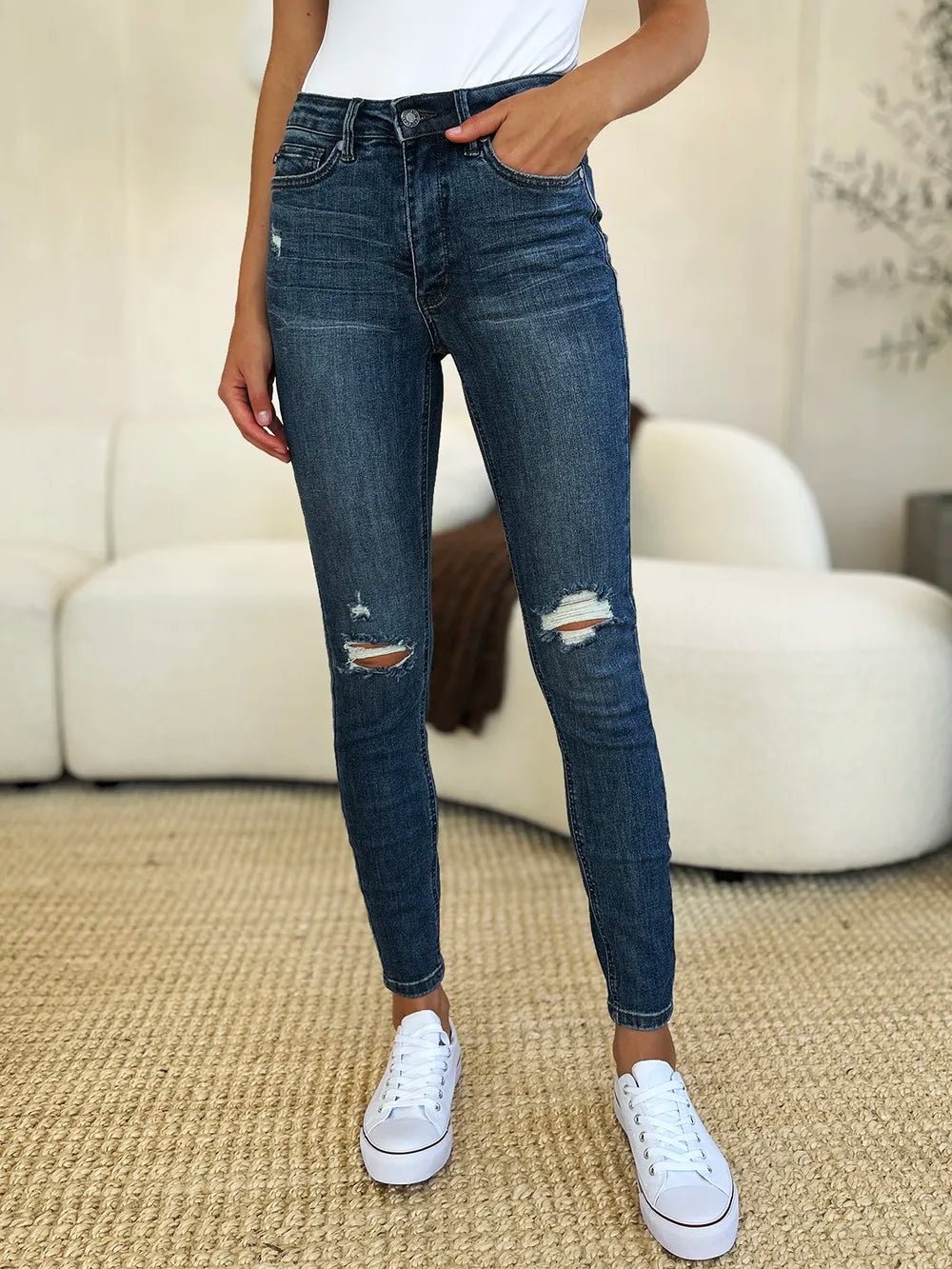 Women Jeans Mid - Rise Distressed Slim Jeans – Dark Wash | Judy Blue casual outfit boutique fashion - BespokeX Wear