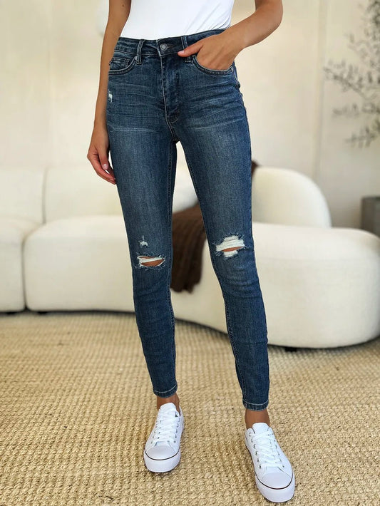 Women Jeans Mid - Rise Distressed Slim Jeans – Dark Wash | Judy Blue casual outfit boutique fashion - BespokeX Wear