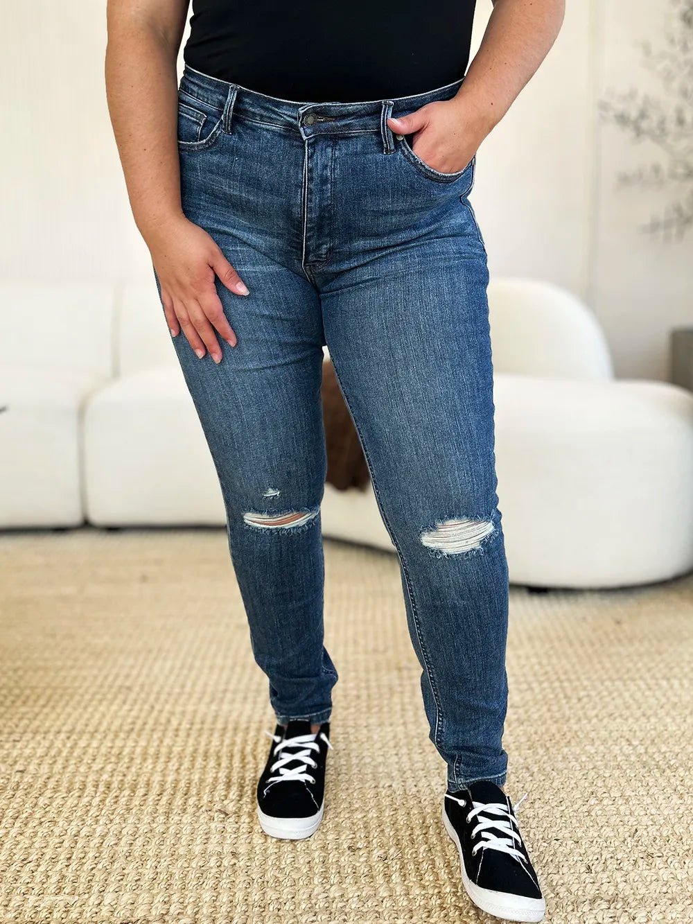 Women Jeans Mid - Rise Distressed Slim Jeans – Dark Wash | Judy Blue casual outfit boutique fashion - BespokeX Wear