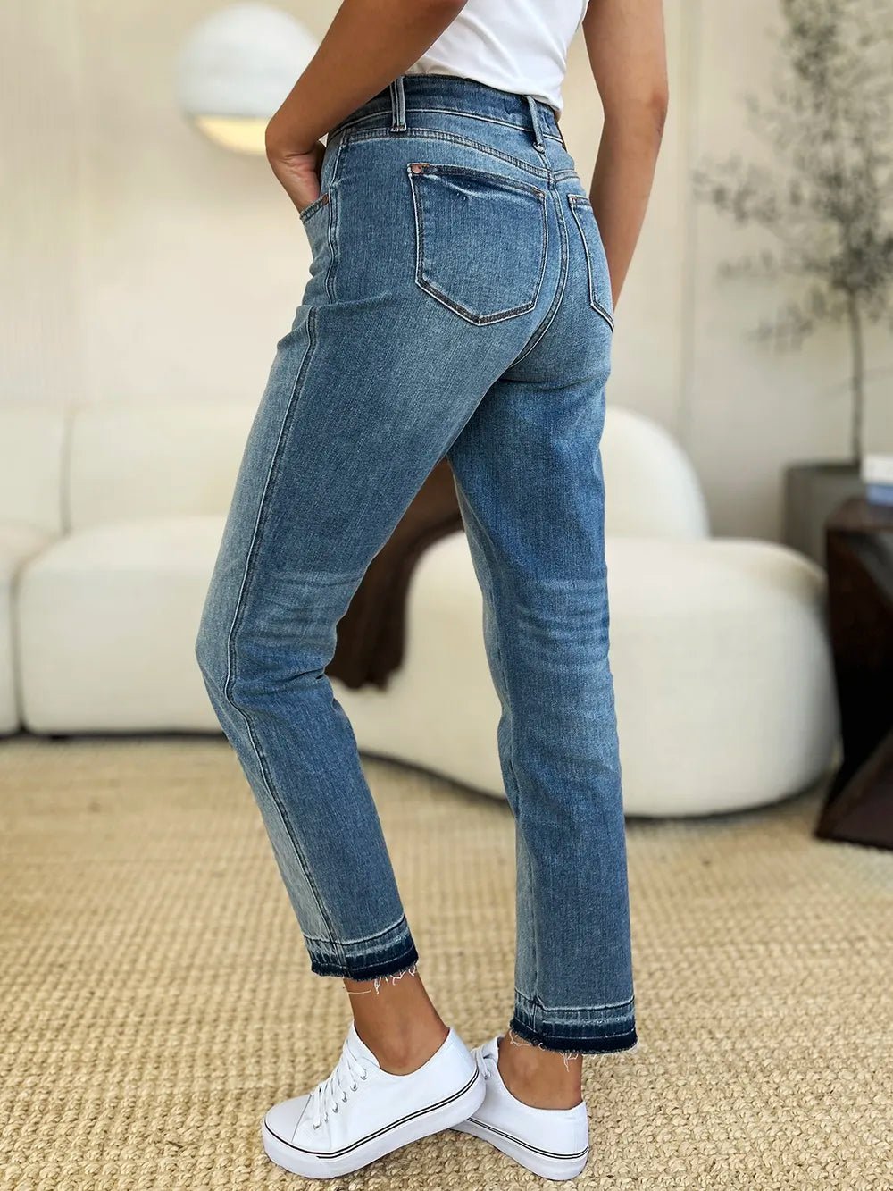Women Jeans Mid - Rise Release Hem Jeans – Structured Denim | Judy Blue casual outfit boutique fashion - BespokeX Wear