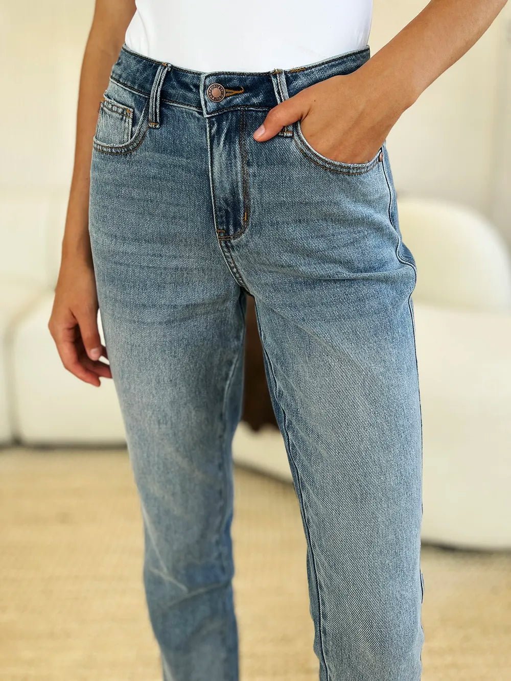 Women Jeans Mid - Rise Release Hem Jeans – Structured Denim | Judy Blue casual outfit boutique fashion - BespokeX Wear