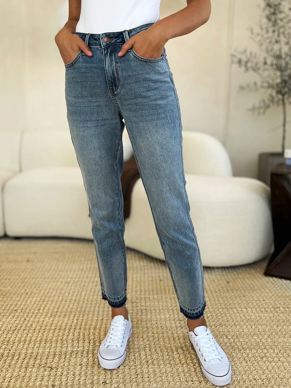 Women Jeans Mid - Rise Release Hem Jeans – Structured Denim | Judy Blue casual outfit boutique fashion - BespokeX Wear