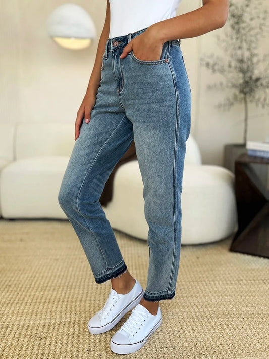 Women Jeans Mid - Rise Release Hem Jeans – Structured Denim | Judy Blue casual outfit boutique fashion - BespokeX Wear