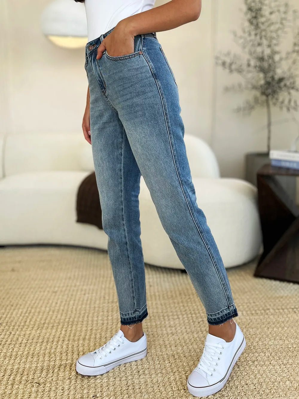 Women Jeans Mid - Rise Release Hem Jeans – Structured Denim | Judy Blue casual outfit boutique fashion - BespokeX Wear