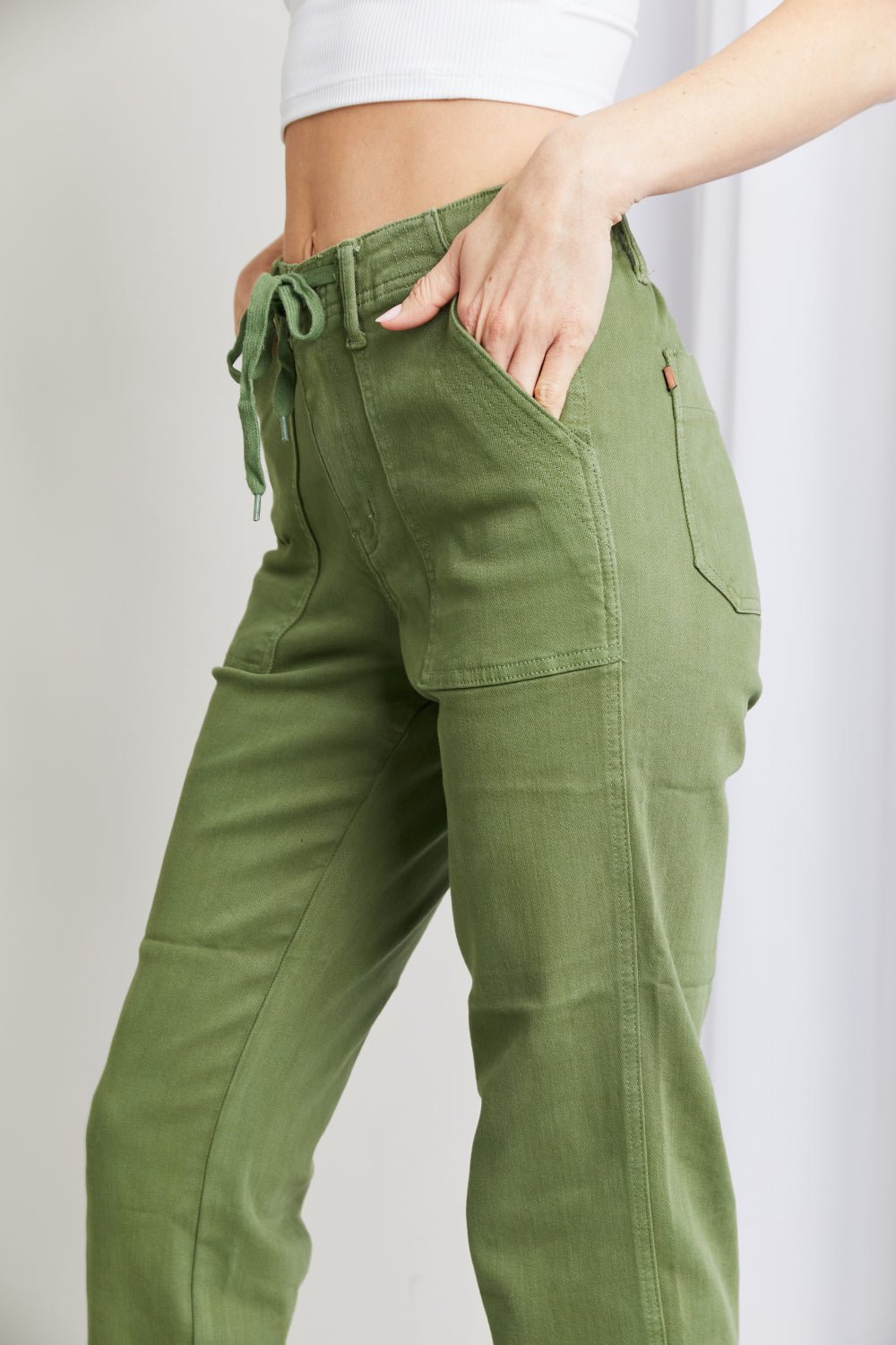 Women Jeans Relaxed Drawstring Waist Jeans – Olive | Judy Blue casual outfit boutique fashion - BespokeX Wear