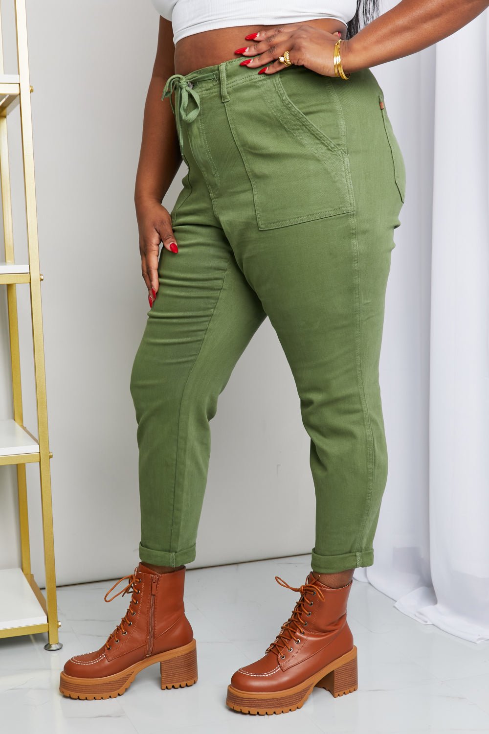 Women Jeans Relaxed Drawstring Waist Jeans – Olive | Judy Blue casual outfit boutique fashion - BespokeX Wear