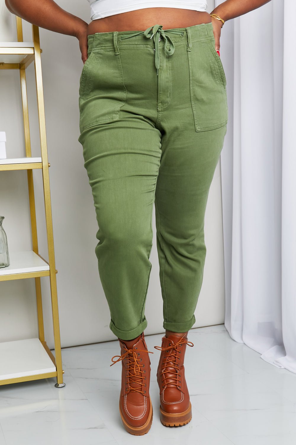 Women Jeans Relaxed Drawstring Waist Jeans – Olive | Judy Blue casual outfit boutique fashion - BespokeX Wear