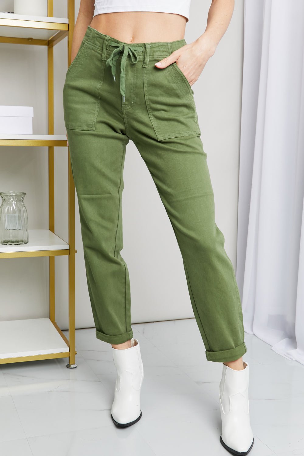 Women Jeans Relaxed Drawstring Waist Jeans – Olive | Judy Blue casual outfit boutique fashion - BespokeX Wear