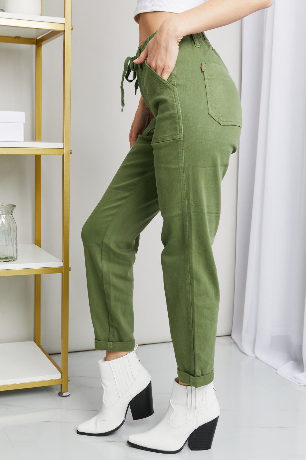 Women Jeans Relaxed Drawstring Waist Jeans – Olive | Judy Blue casual outfit boutique fashion - BespokeX Wear