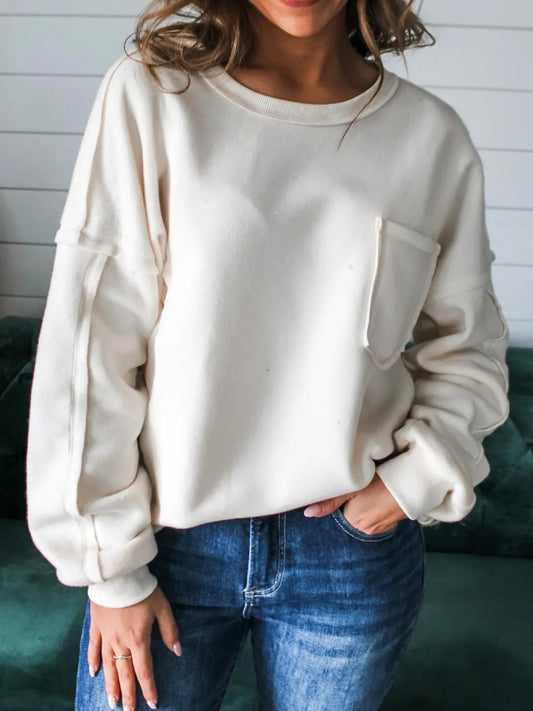 Women Knit Sweatshirt Exposed Seam Chest Pocket Knit Pullover Sweatshirt casual outfit boutique fashion - BespokeX Wear