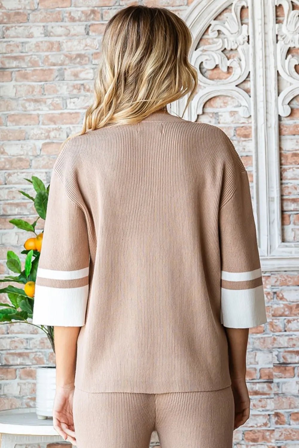 Women Knit Top Mocha Contrast V - Neck Ribbed Knit Top – Soft Stretch Cozy Essential casual outfit boutique fashion - BespokeX Wear