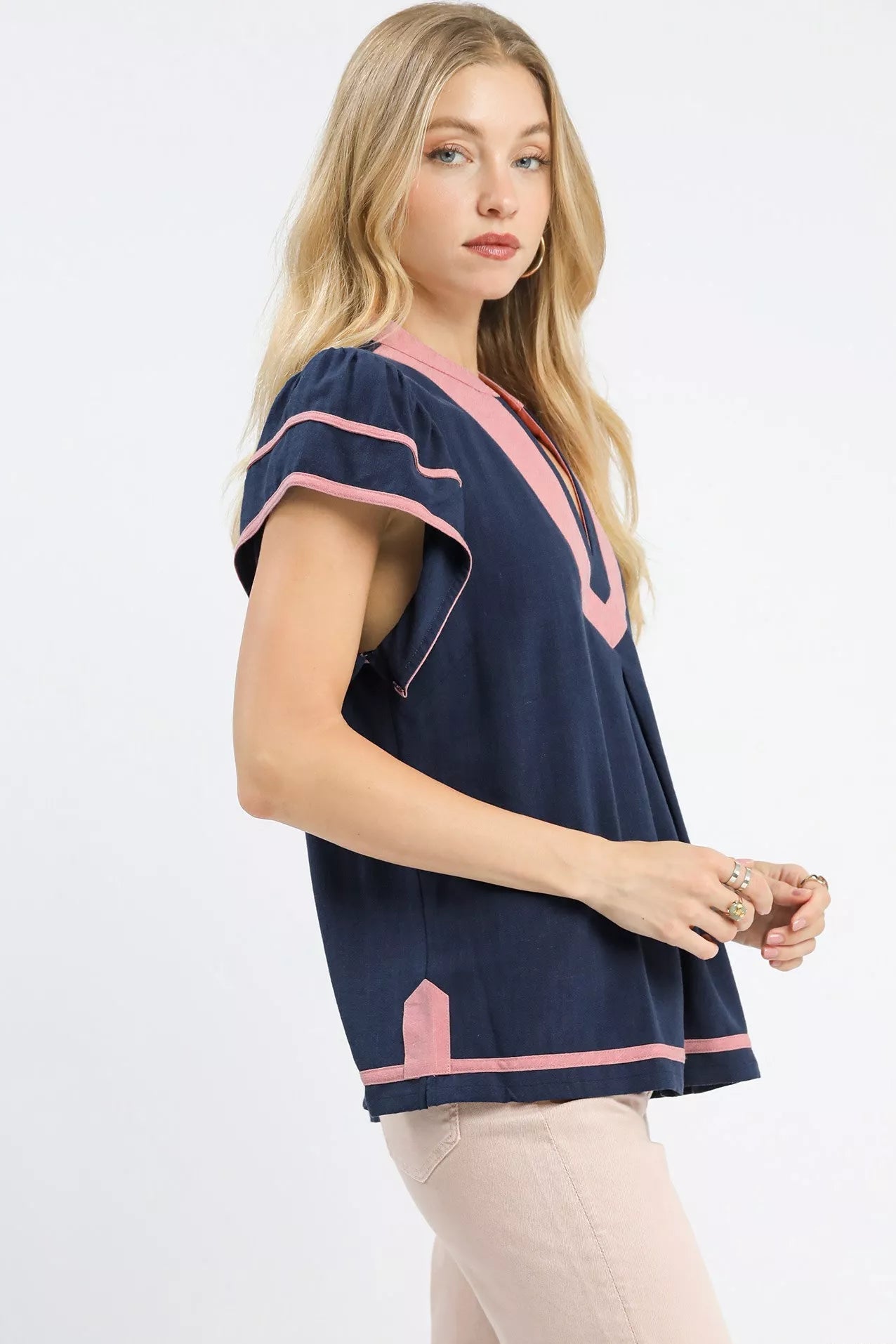 Women Linen Tops Bespoke Linen Ruffle Sleeve V - Neck Top casual outfit boutique fashion - BespokeX Wear