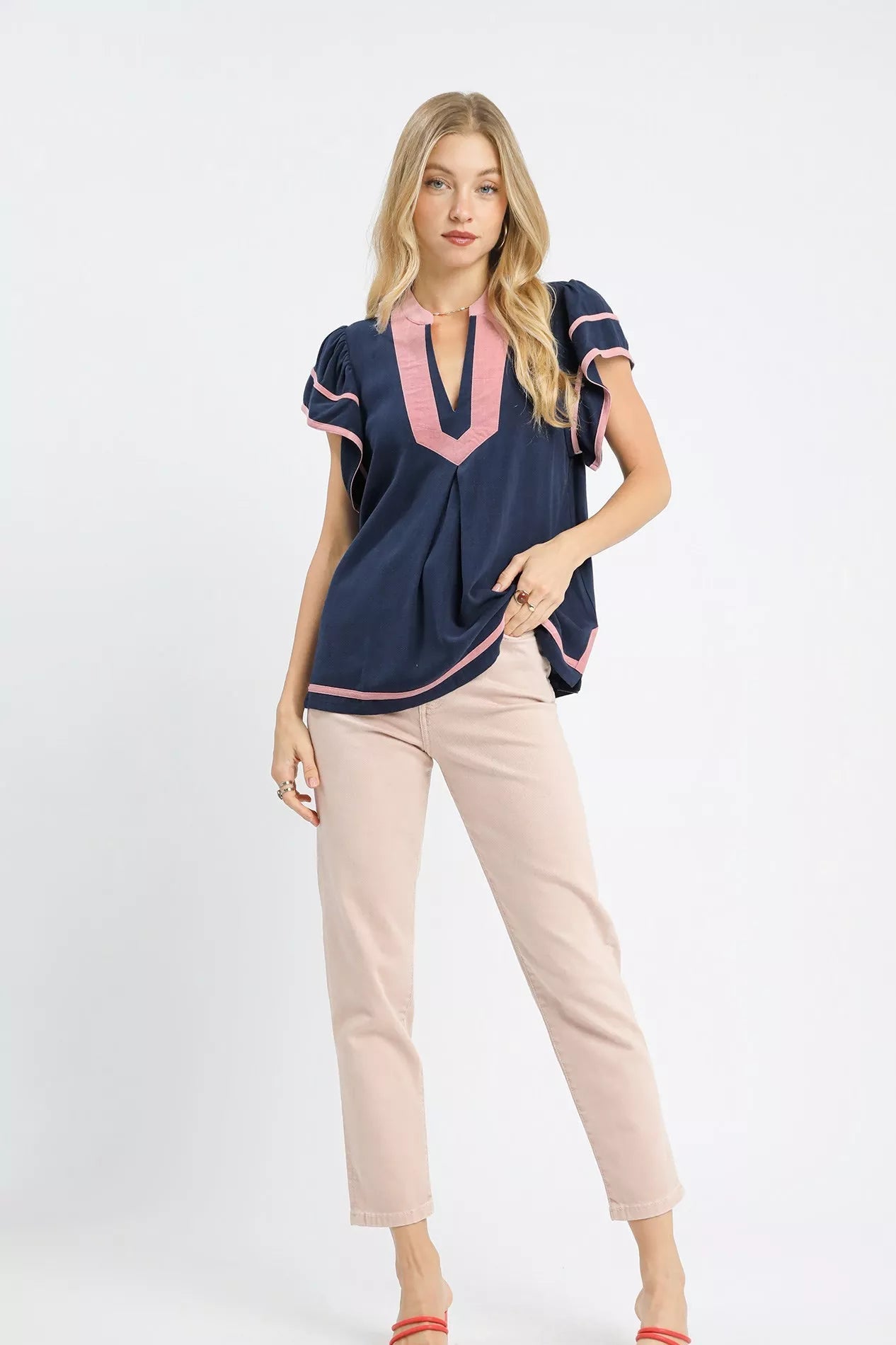 Women Linen Tops Bespoke Linen Ruffle Sleeve V - Neck Top casual outfit boutique fashion - BespokeX Wear