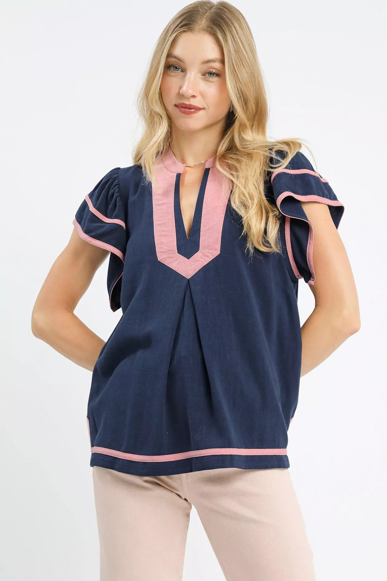 Women Linen Tops Bespoke Linen Ruffle Sleeve V - Neck Top casual outfit boutique fashion - BespokeX Wear