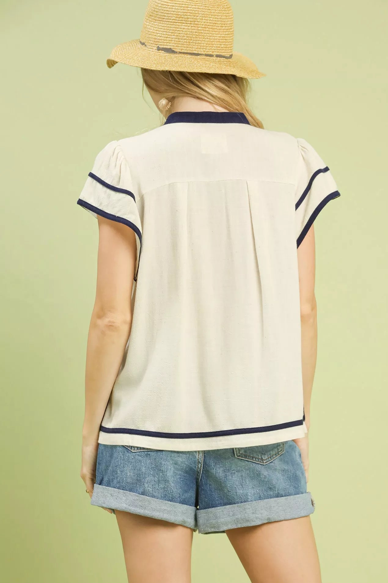 Women Linen Tops Bespoke Linen Ruffle Sleeve V - Neck Top casual outfit boutique fashion - BespokeX Wear