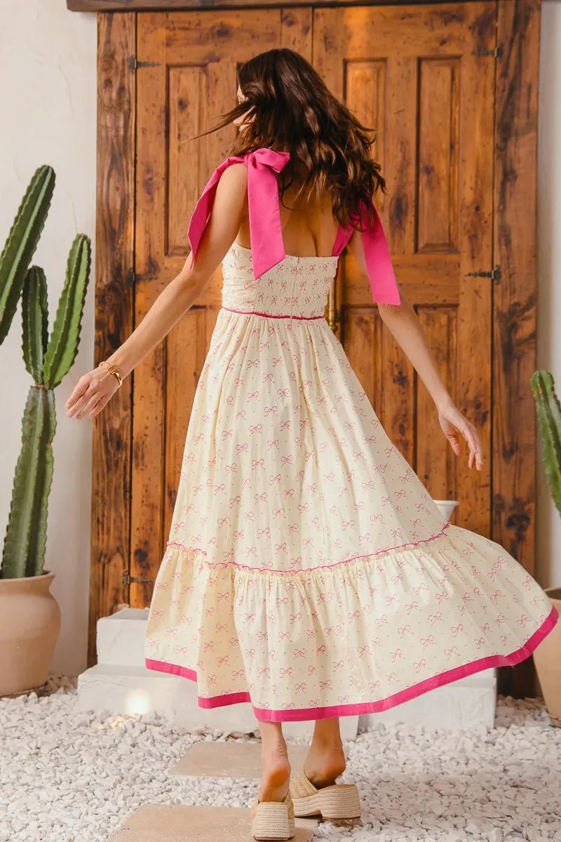 Women Maxi Dress Boho Ribbon Trim Maxi Dress – Floral Puff Sleeve Tiered Dress casual outfit boutique fashion - BespokeX Wear