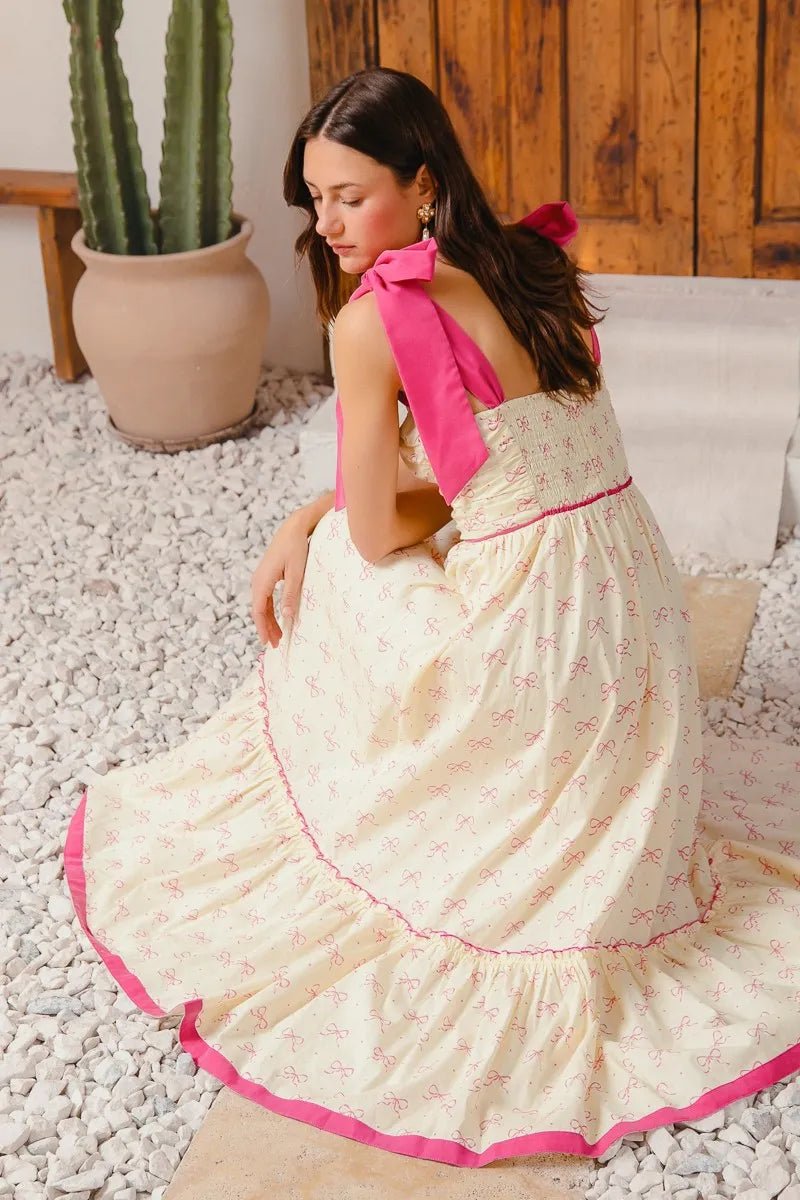 Women Maxi Dress Boho Ribbon Trim Maxi Dress – Floral Puff Sleeve Tiered Dress casual outfit boutique fashion - BespokeX Wear