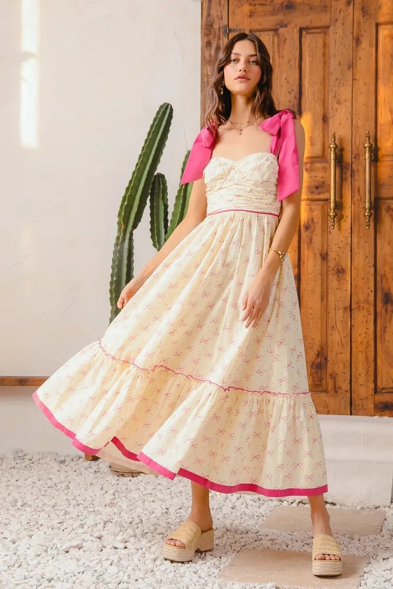 Women Maxi Dress Boho Ribbon Trim Maxi Dress – Floral Puff Sleeve Tiered Dress casual outfit boutique fashion - BespokeX Wear