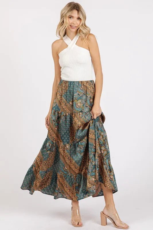 Women Maxi Skirt Paisley Patchwork Satin Maxi Skirt casual outfit boutique fashion - BespokeX Wear