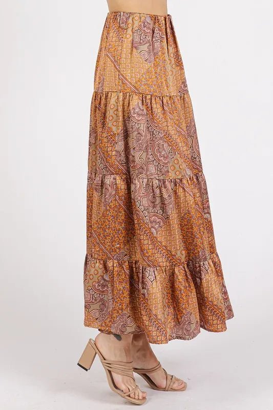 Women Maxi Skirt Paisley Patchwork Satin Maxi Skirt – Tiered Boho Elegance casual outfit boutique fashion - BespokeX Wear